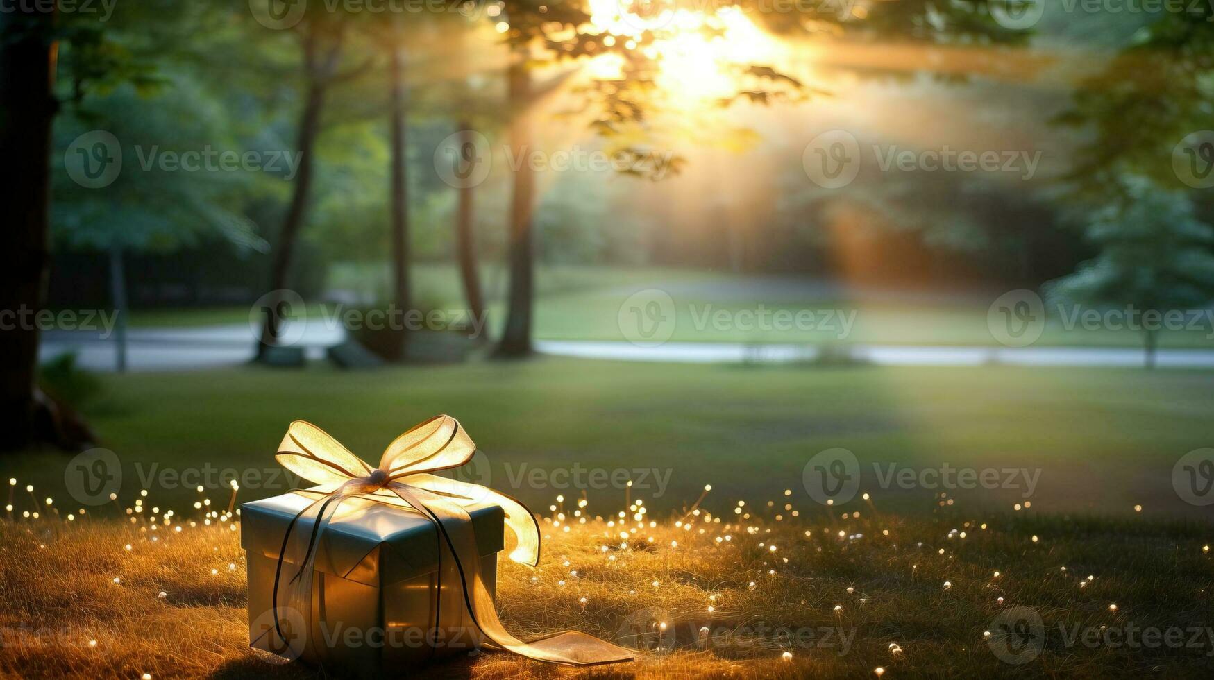 Gift box with golden ribbon on grass in park at sunset. AI Generated. photo