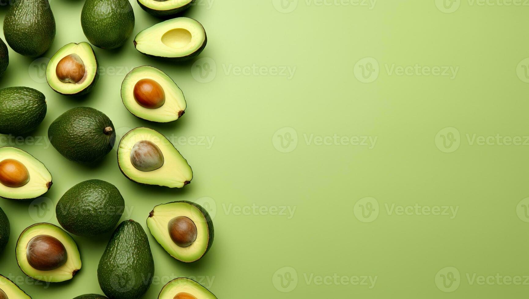 Fresco aguacates en verde fondo, plano poner. espacio para texto ai generado foto