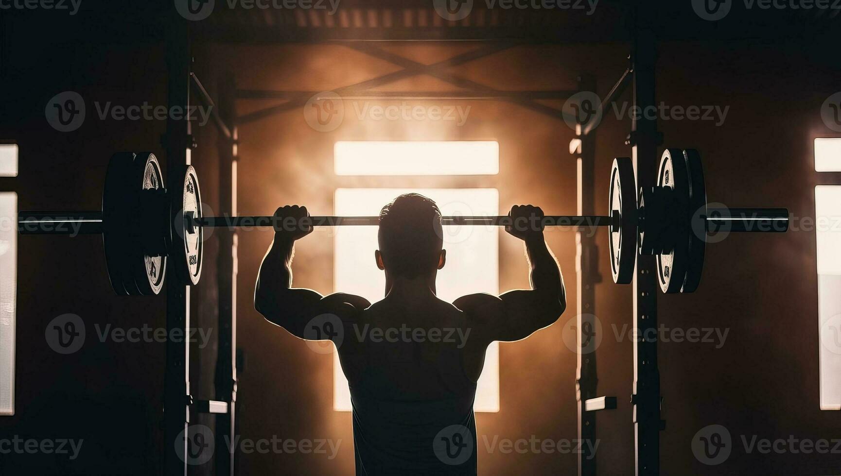 Back view of a man lifting a barbell in a gym. AI Generated. photo