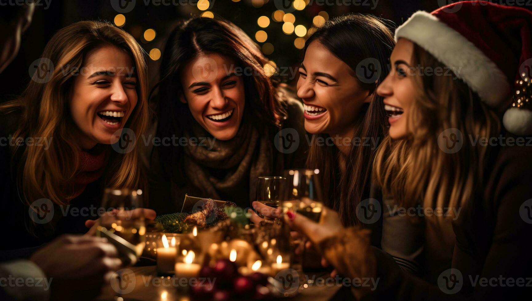 Group of friends celebrating christmas at home, drinking champagne and having fun. AI Generated. photo