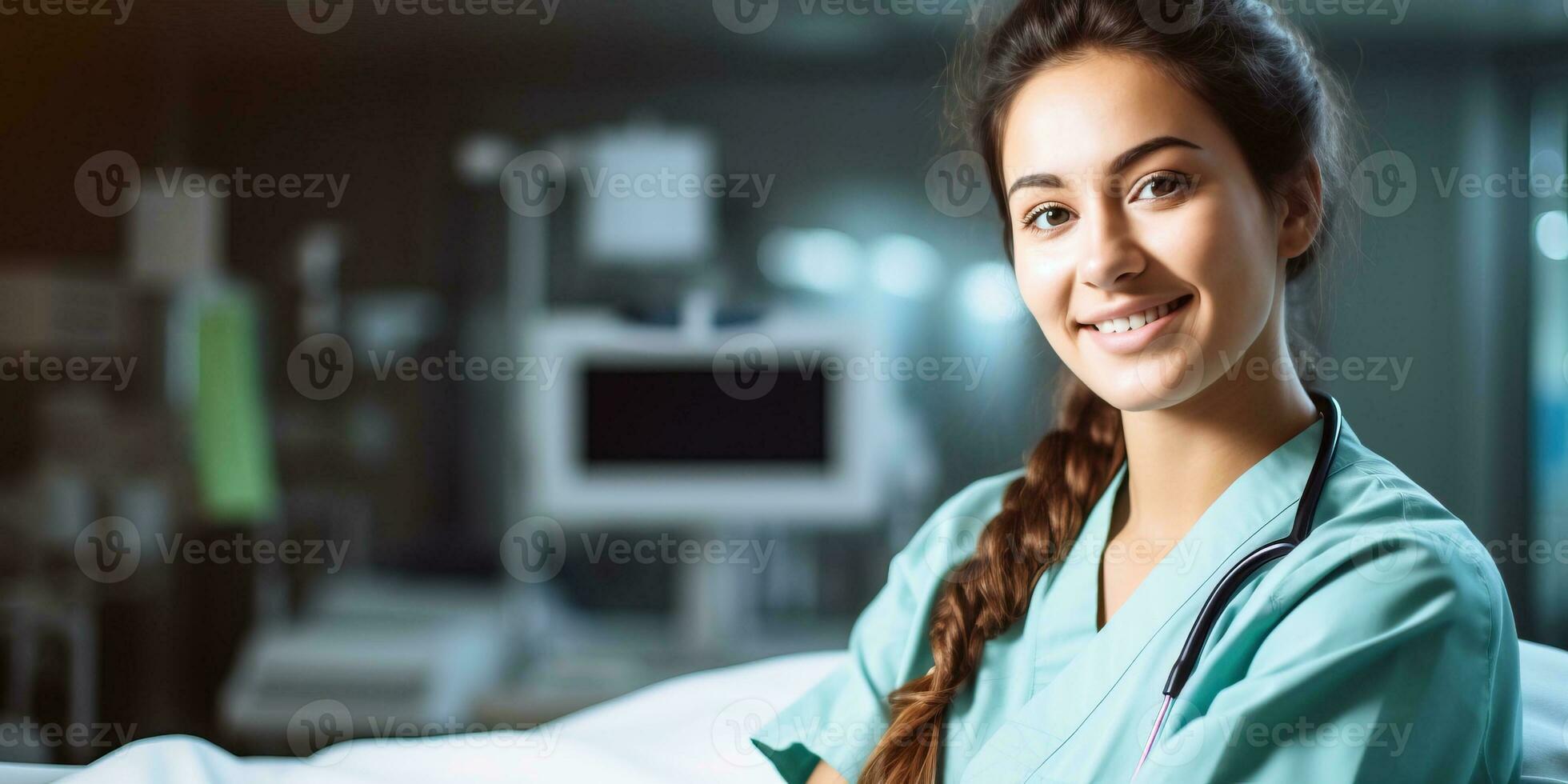 Portrait of smiling nurse in uniform standing in hospital ward AI Generated photo
