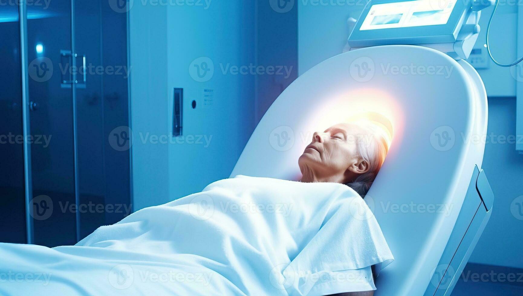 Patient with cancer lying on a computed tomography scanner in hospital. AI Generated. photo