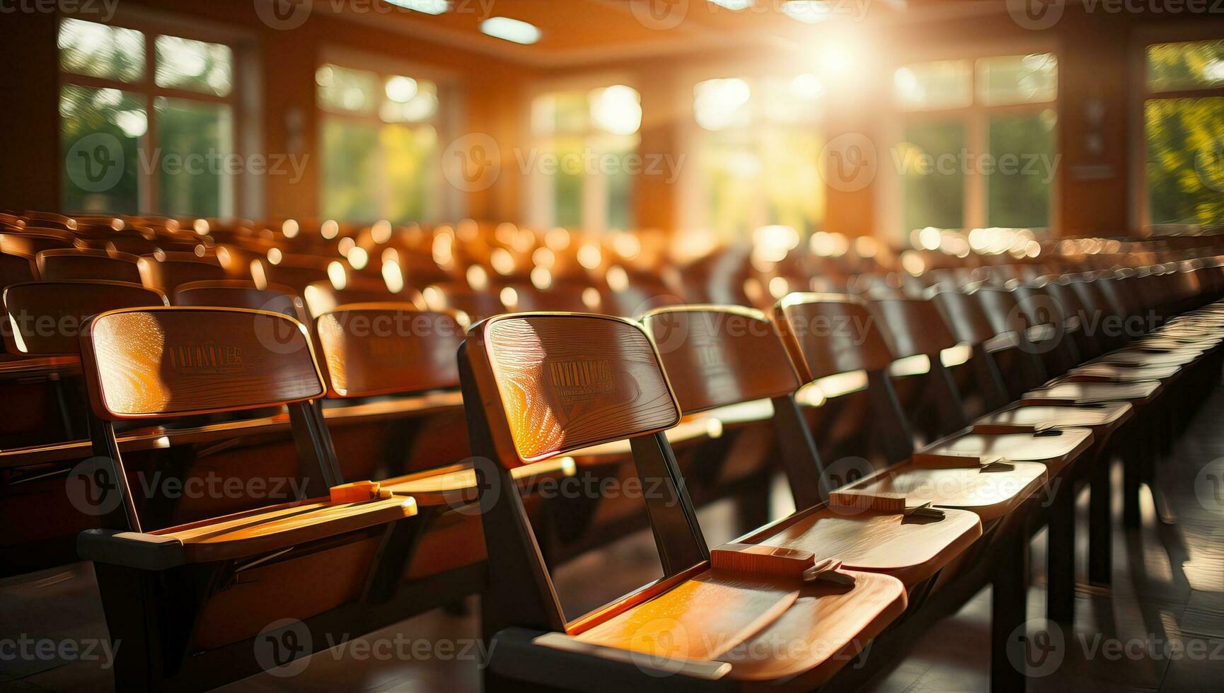 Row of chairs in the auditorium of the conference hall at sunset. AI Generated. photo