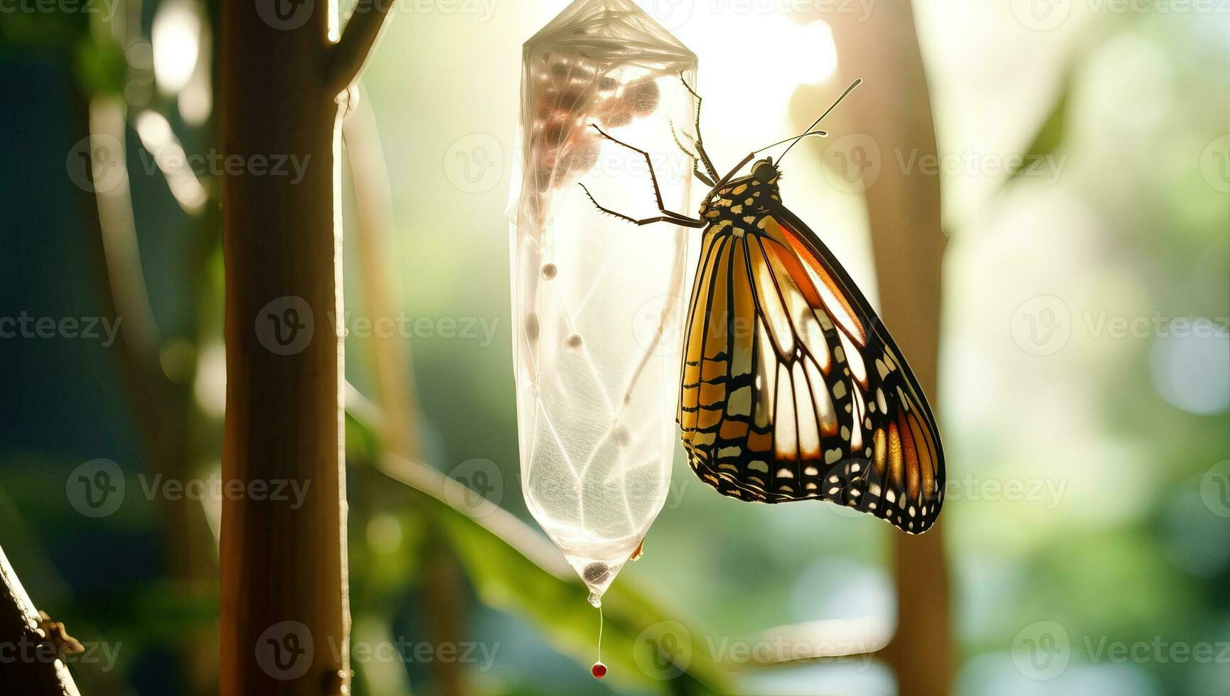 Butterfly hanging on the tree in the morning light AI Generated photo