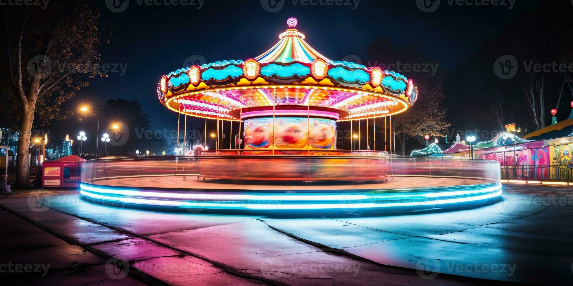 tiovivo a noche con movimiento difuminar efecto ai generado foto