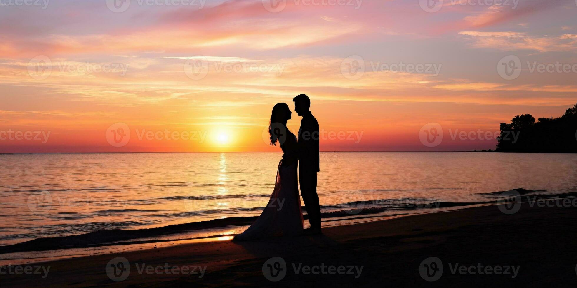 Silhouette of a bride and groom on the beach at sunset AI Generated photo