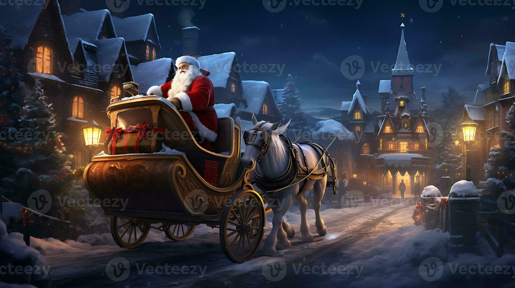 Santa near sleigh in the style of digital art generated by Ai photo