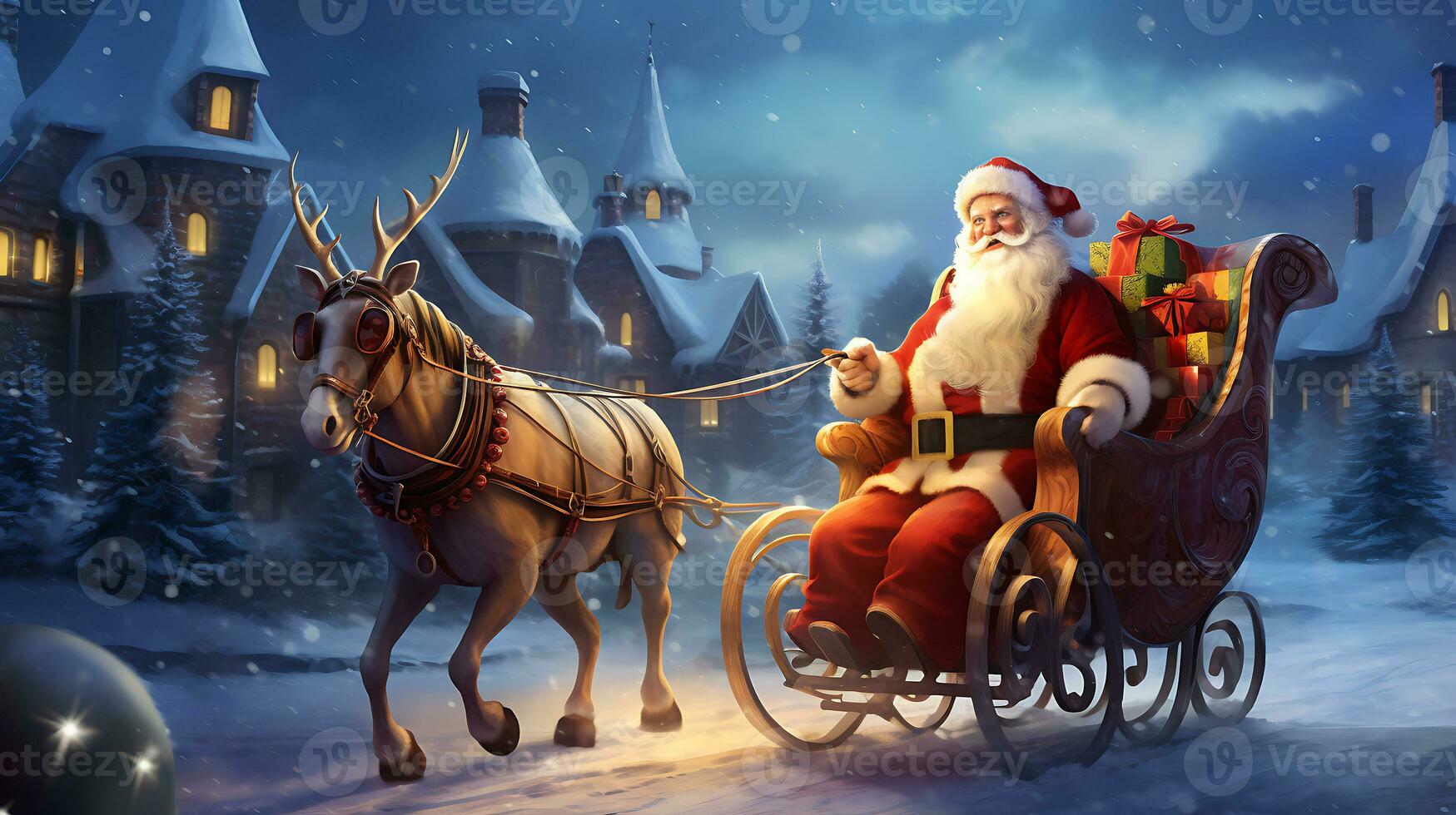 Santa near sleigh in the style of digital art generated by Ai photo