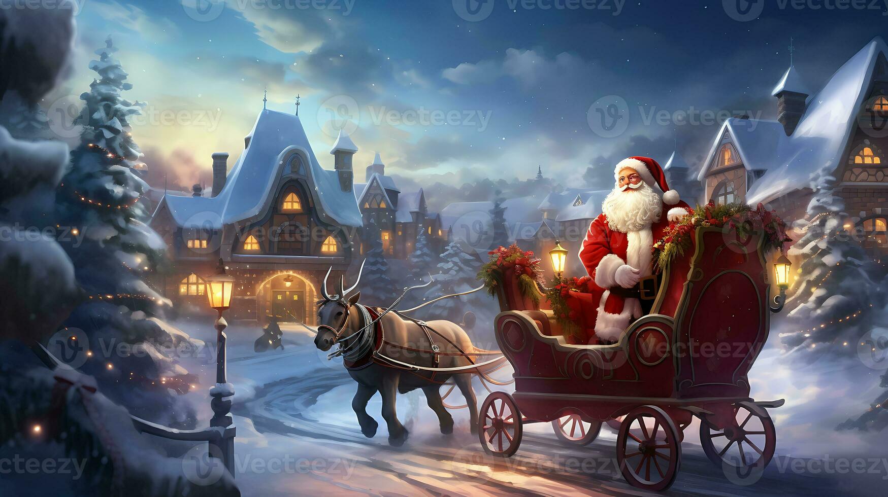 Santa near sleigh in the style of digital art generated by Ai photo