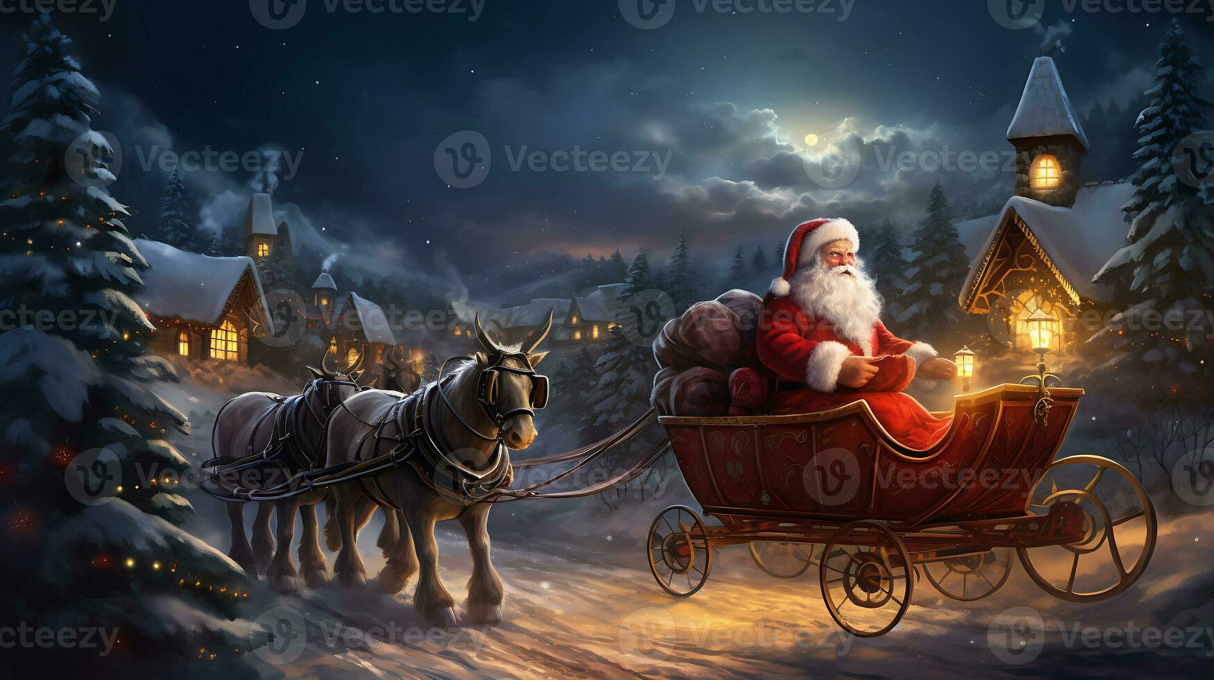 Santa near sleigh in the style of digital art generated by Ai photo