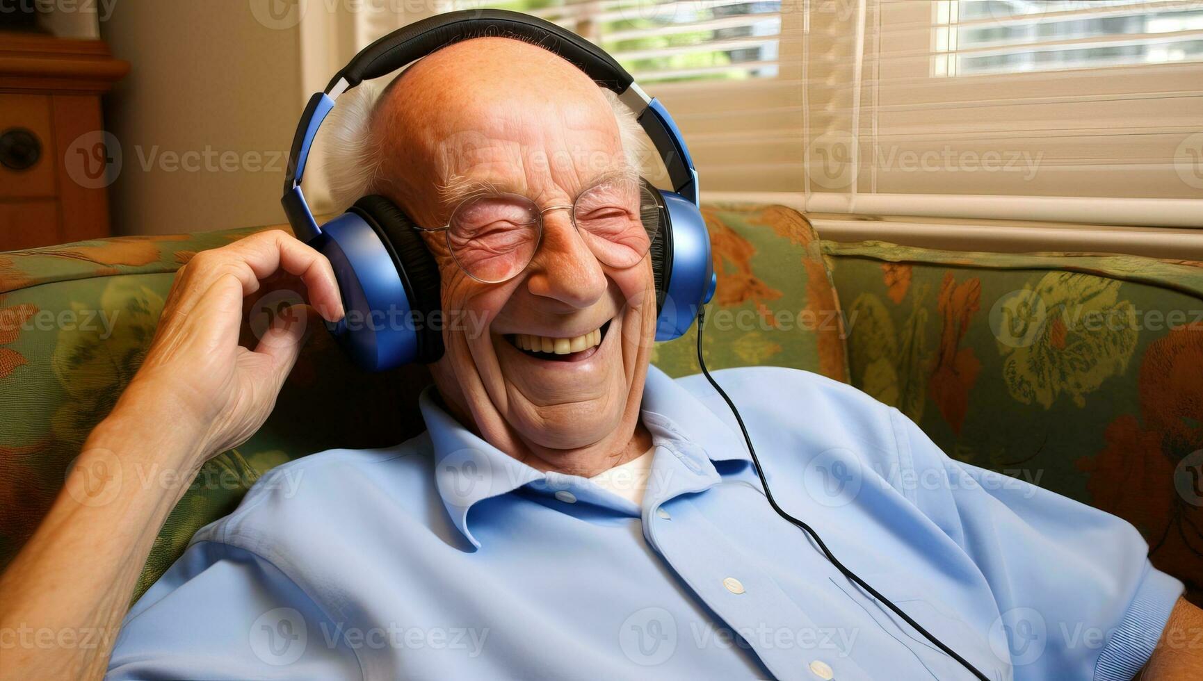 Elderly man listening to music with headphones on a sofa at home. AI Generated. photo