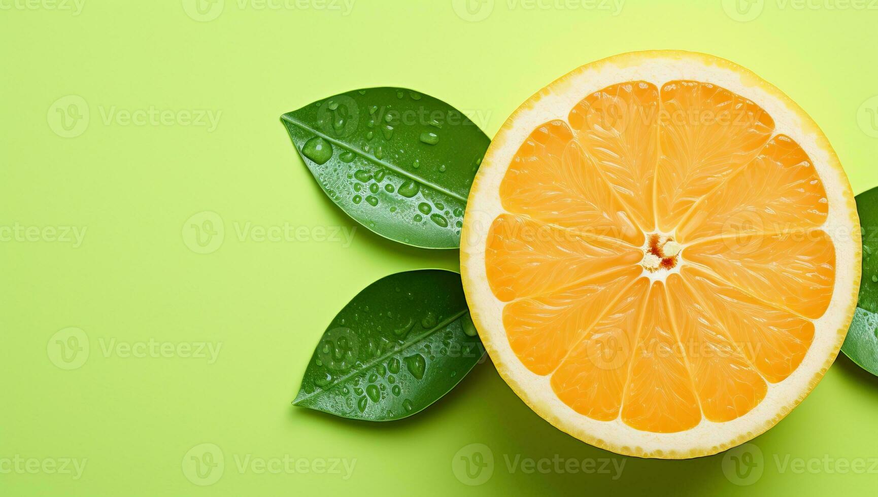 Slice of orange with green leaves on green background, top view AI Generated photo