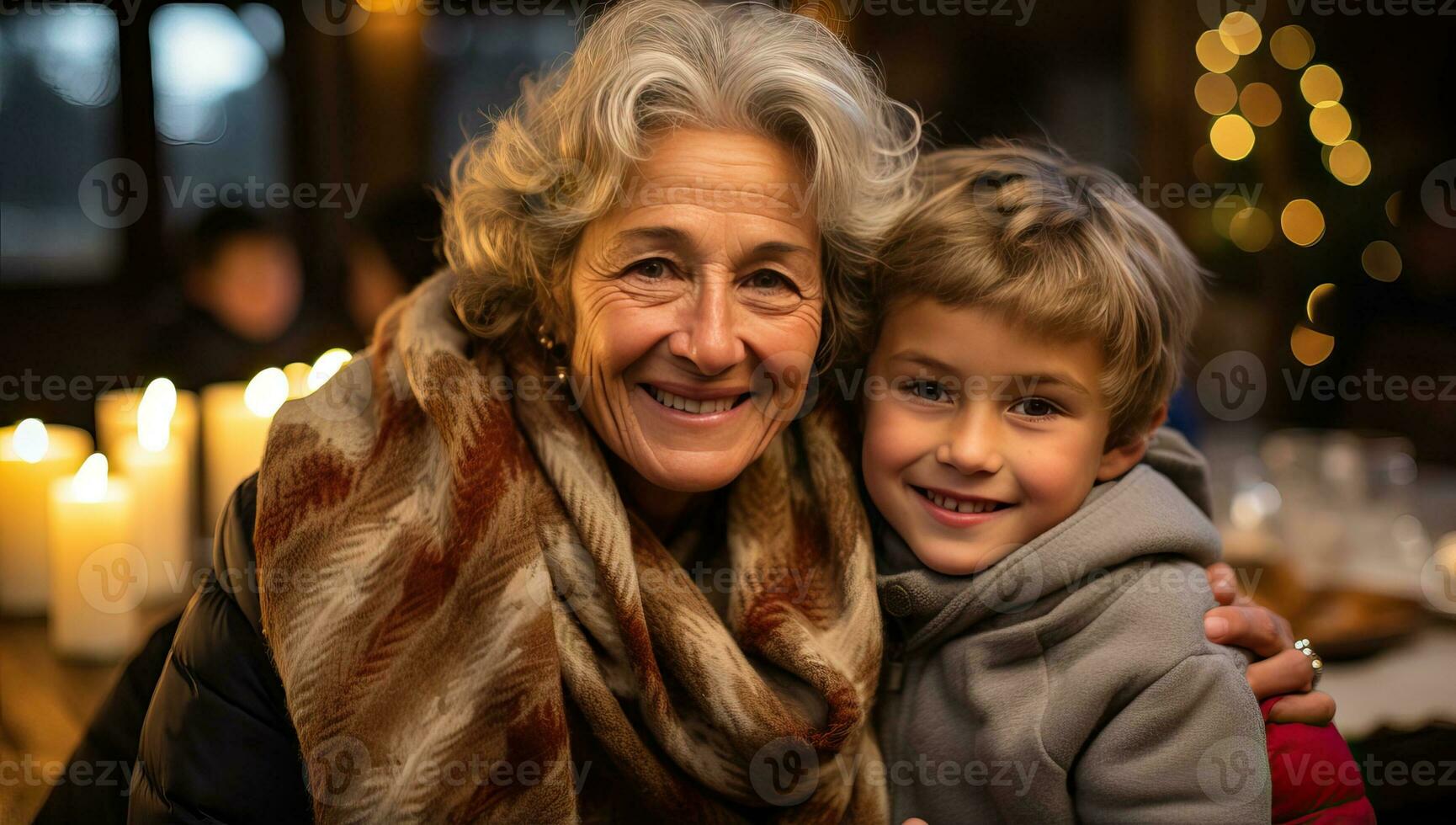 grandmother and grandson hugging at christmas dinner. AI Generated. photo