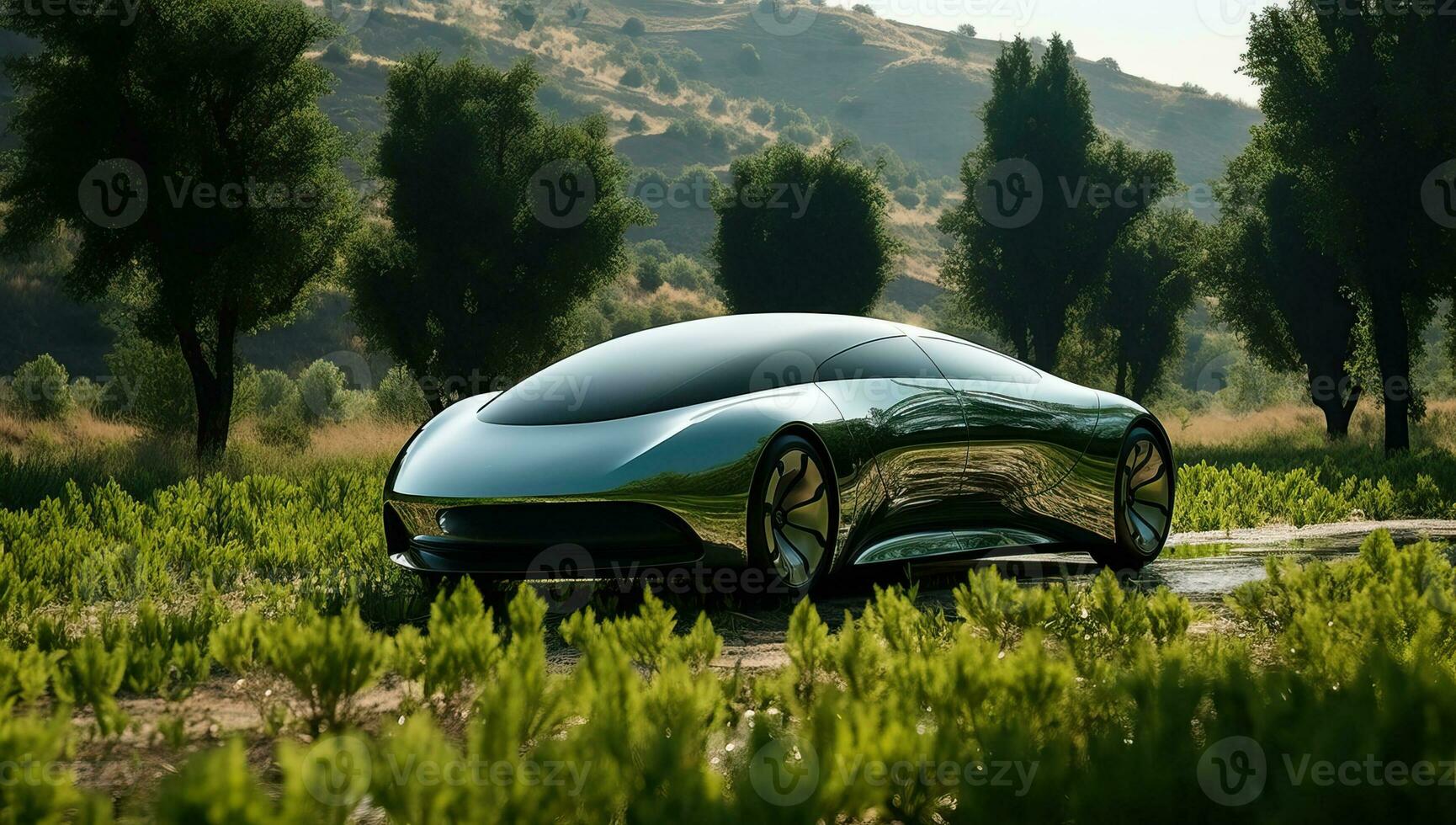 Luxury sports car in the field. Sports car concept. AI Generated. photo