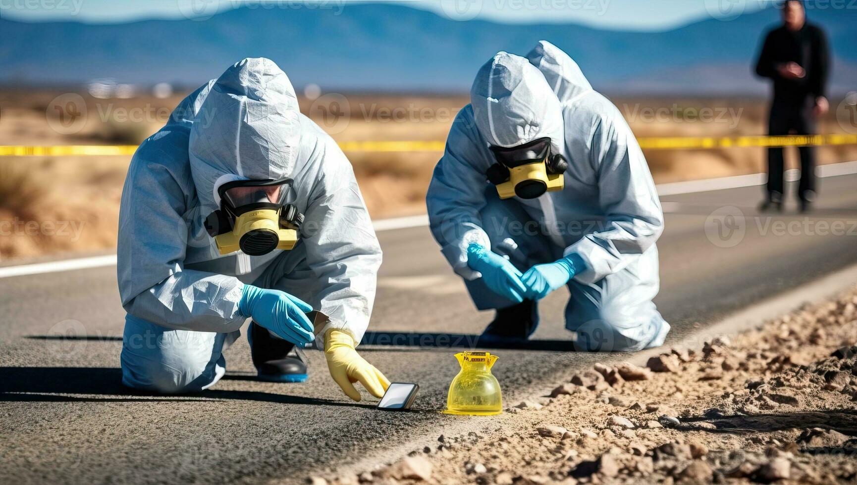 Team of scientists in hazmat suits examining soil sample on the road. AI Generated. photo