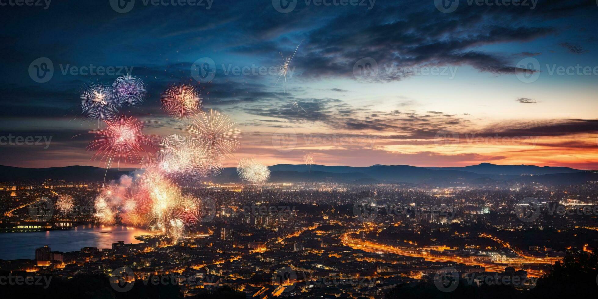 Colorful fireworks over the city at night AI Generated photo