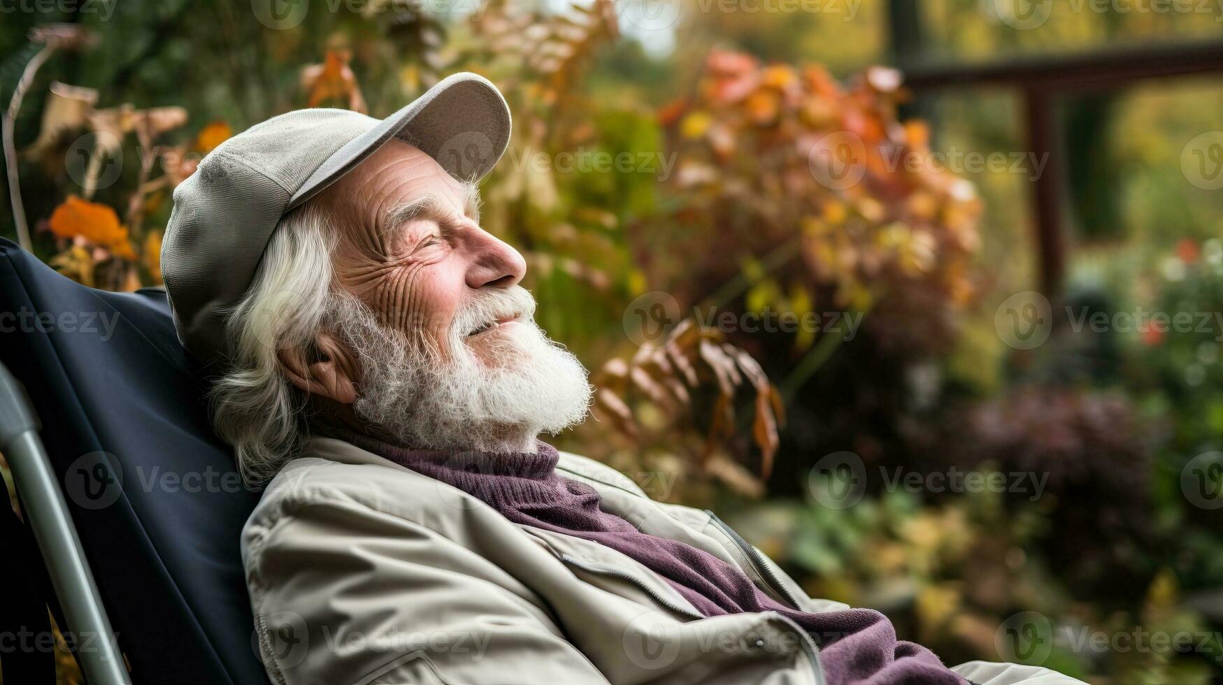 Portrait of a senior man sitting in a garden chair in autumn. AI Generated. photo