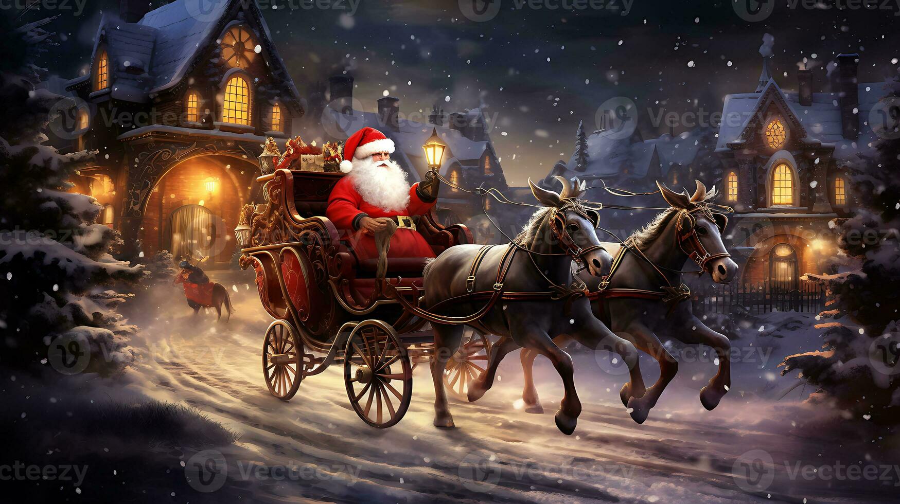 Santa near sleigh in the style of beautiful art generated by Ai photo