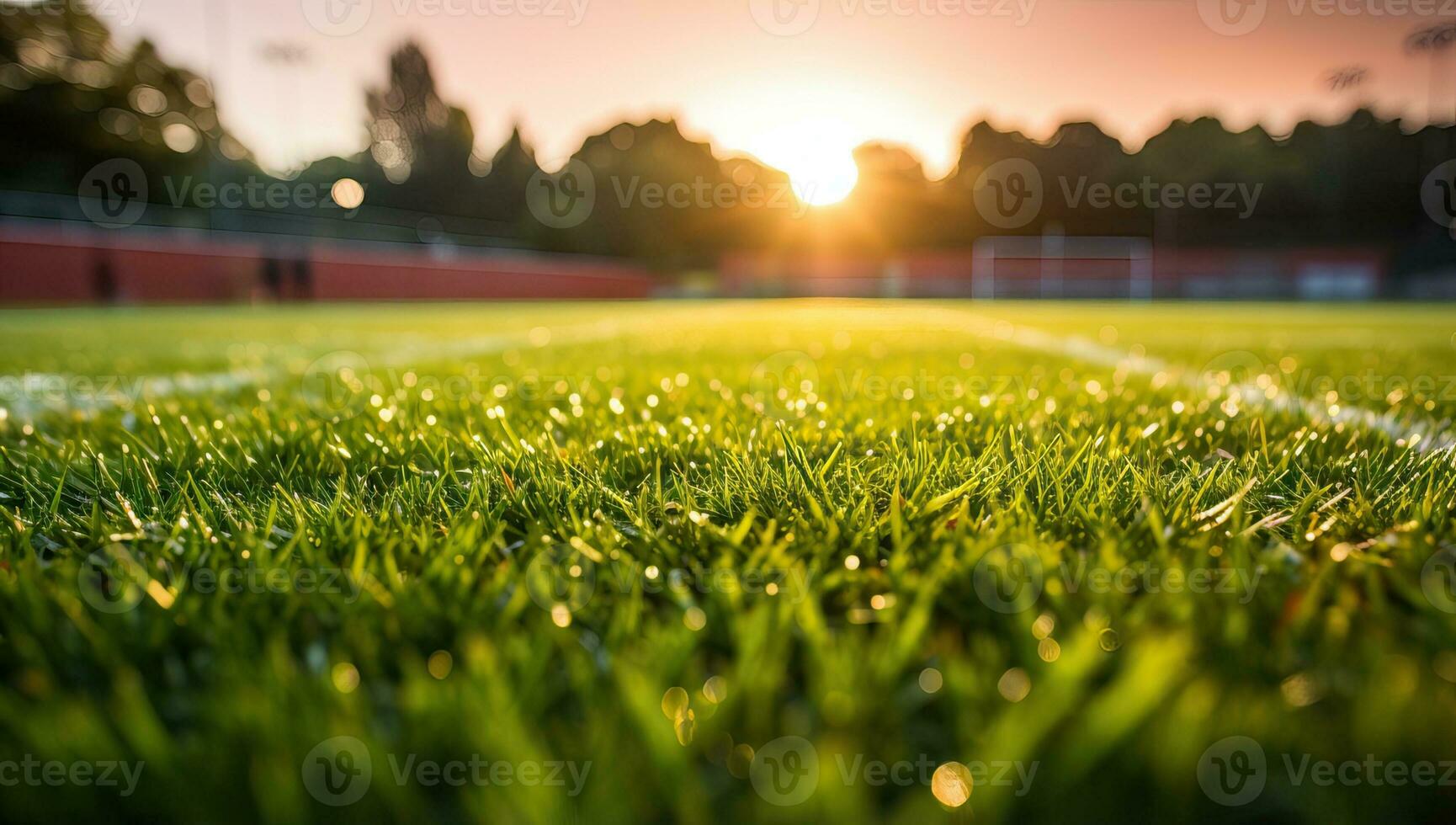 fútbol campo con césped y puesta de sol. ai generado. foto