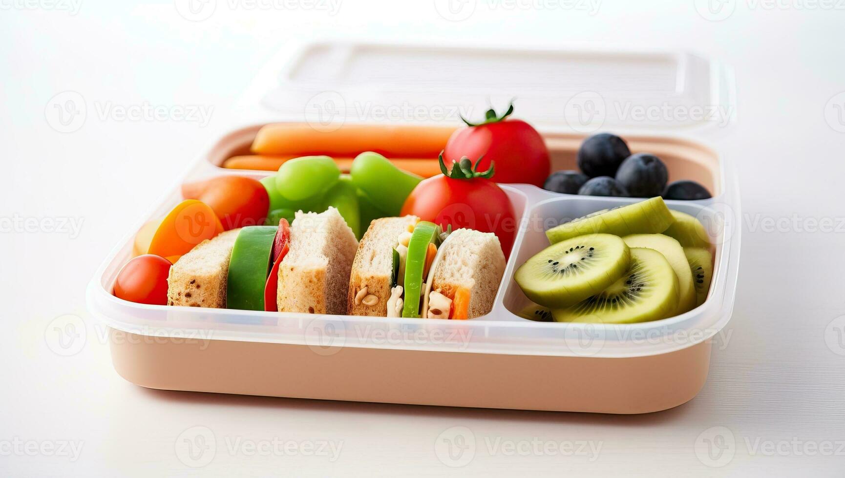 Healthy lunch box with fruits and vegetables isolated. AI Generated. photo