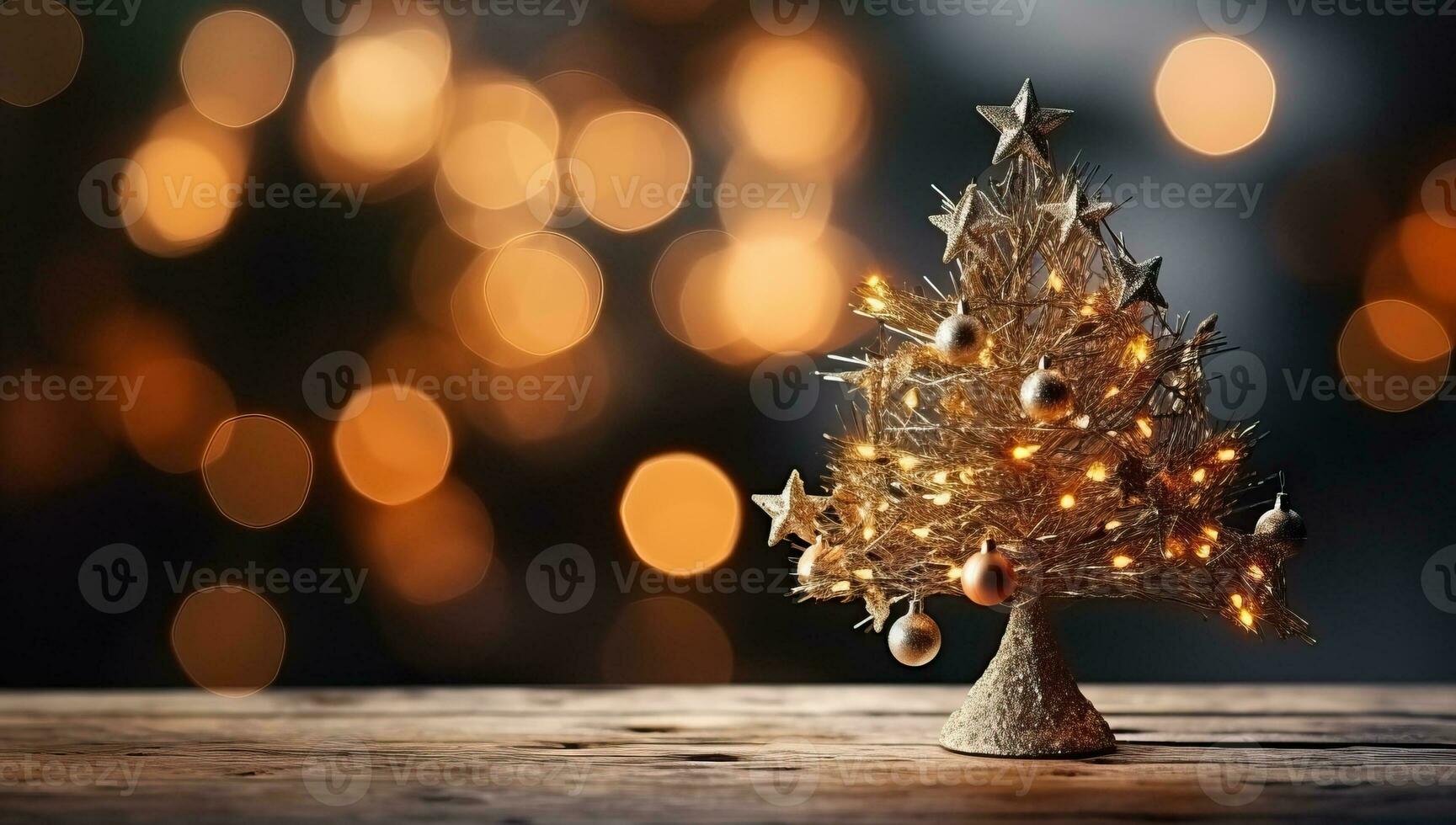 Christmas tree on wooden table with bokeh background. Christmas and New Year concept. AI Generated. photo