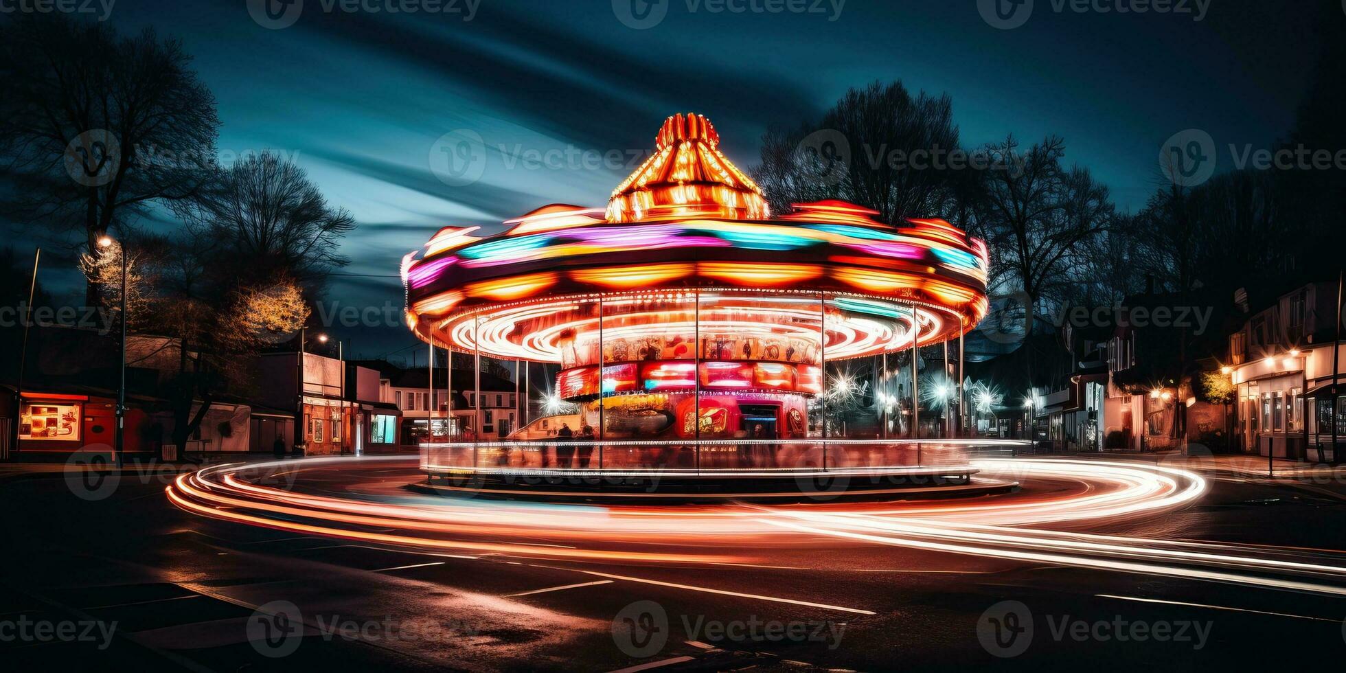 carrusel en el ciudad a noche con movimiento difuminar, largo exposición ai generado foto