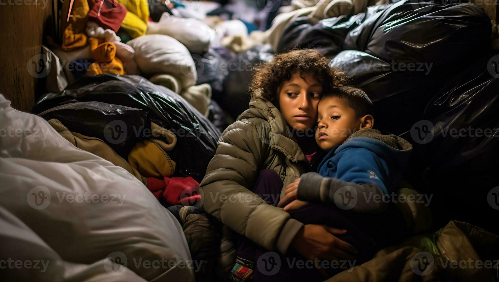 chico y niña dormido en un pila de sucio ropa. ai generado. foto