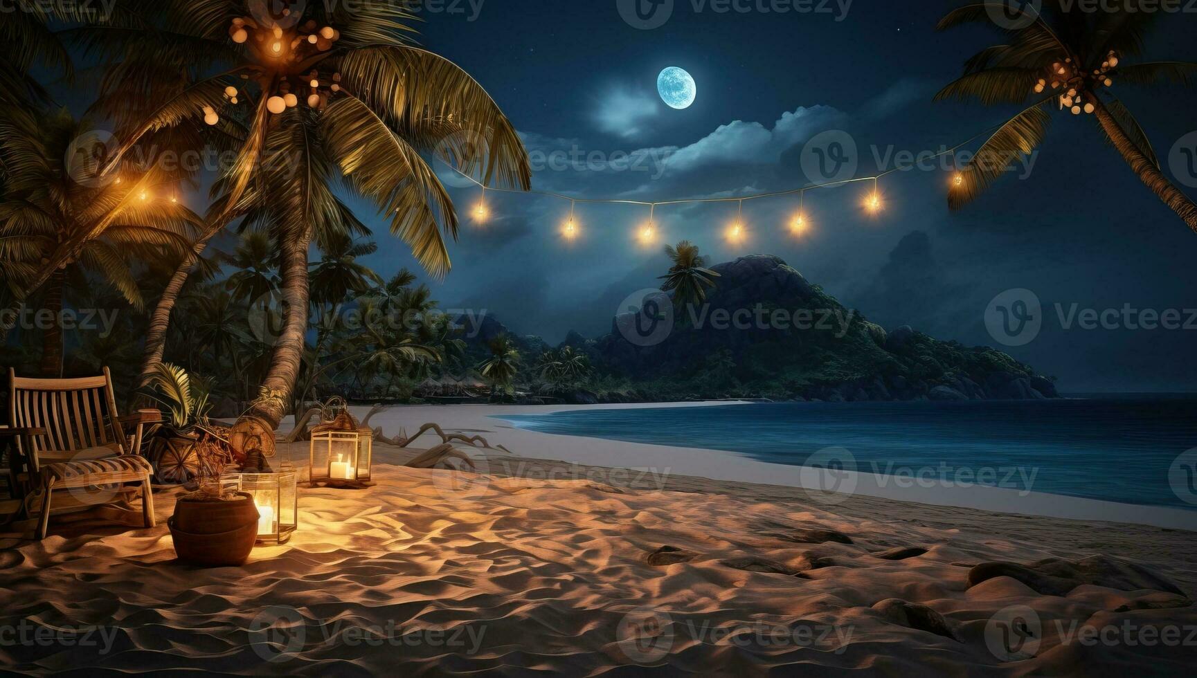 Beach at night with palm trees, chaise lounges and lanterns. AI Generated. photo