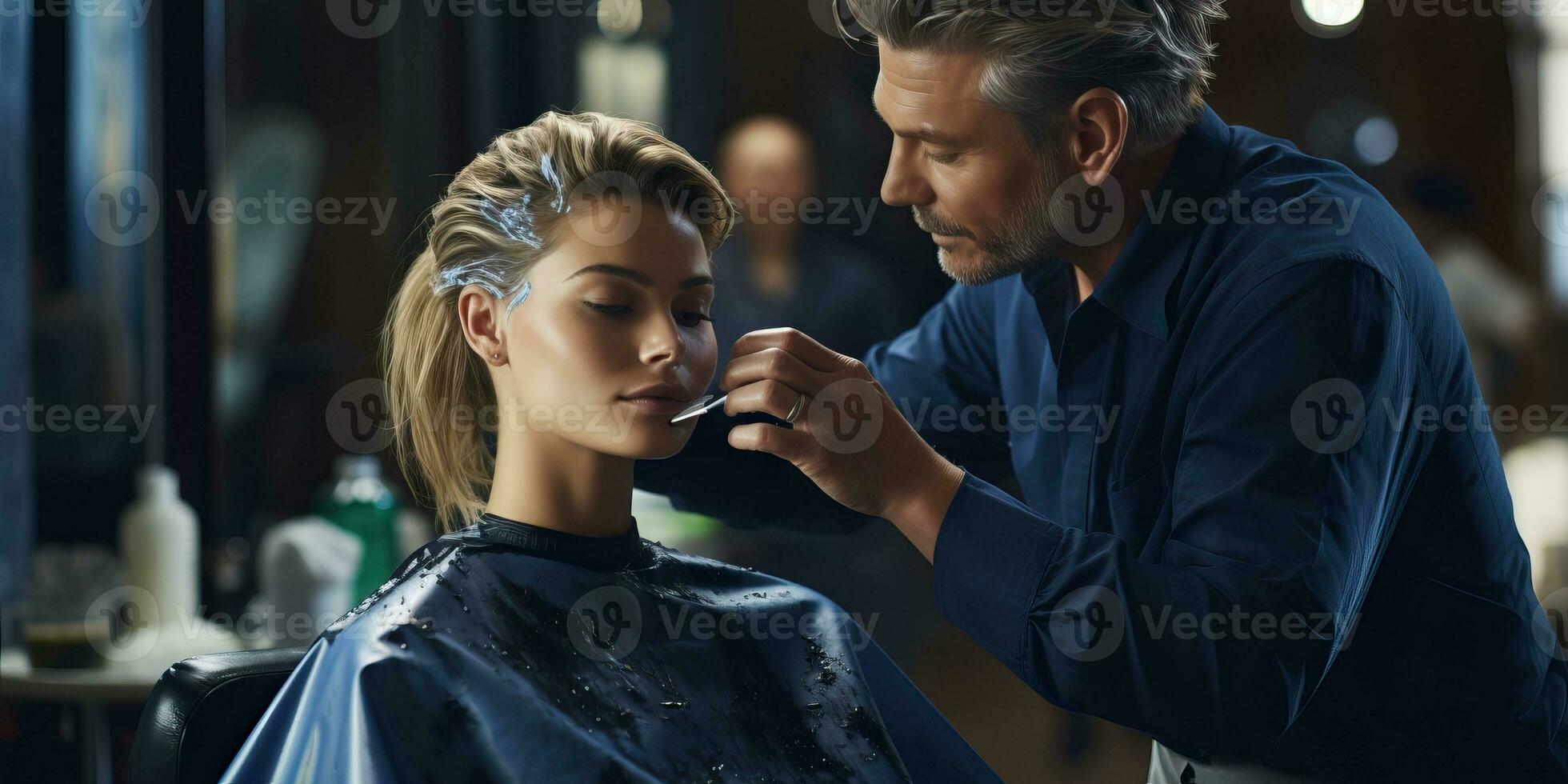Professional hairdresser cutting hair of woman in beauty salon. AI Generated. photo