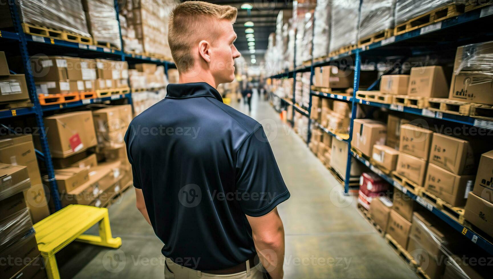 Side view of young man standing in warehouse. AI Generated. photo