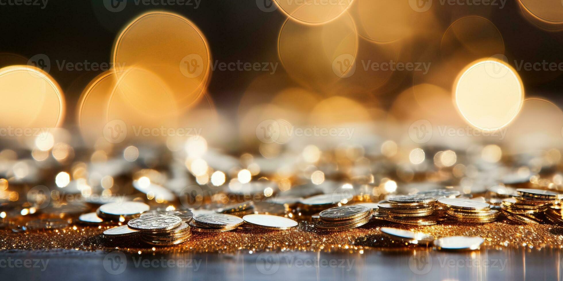 Gold coins and bokeh background, business and finance concept. AI Generated. photo