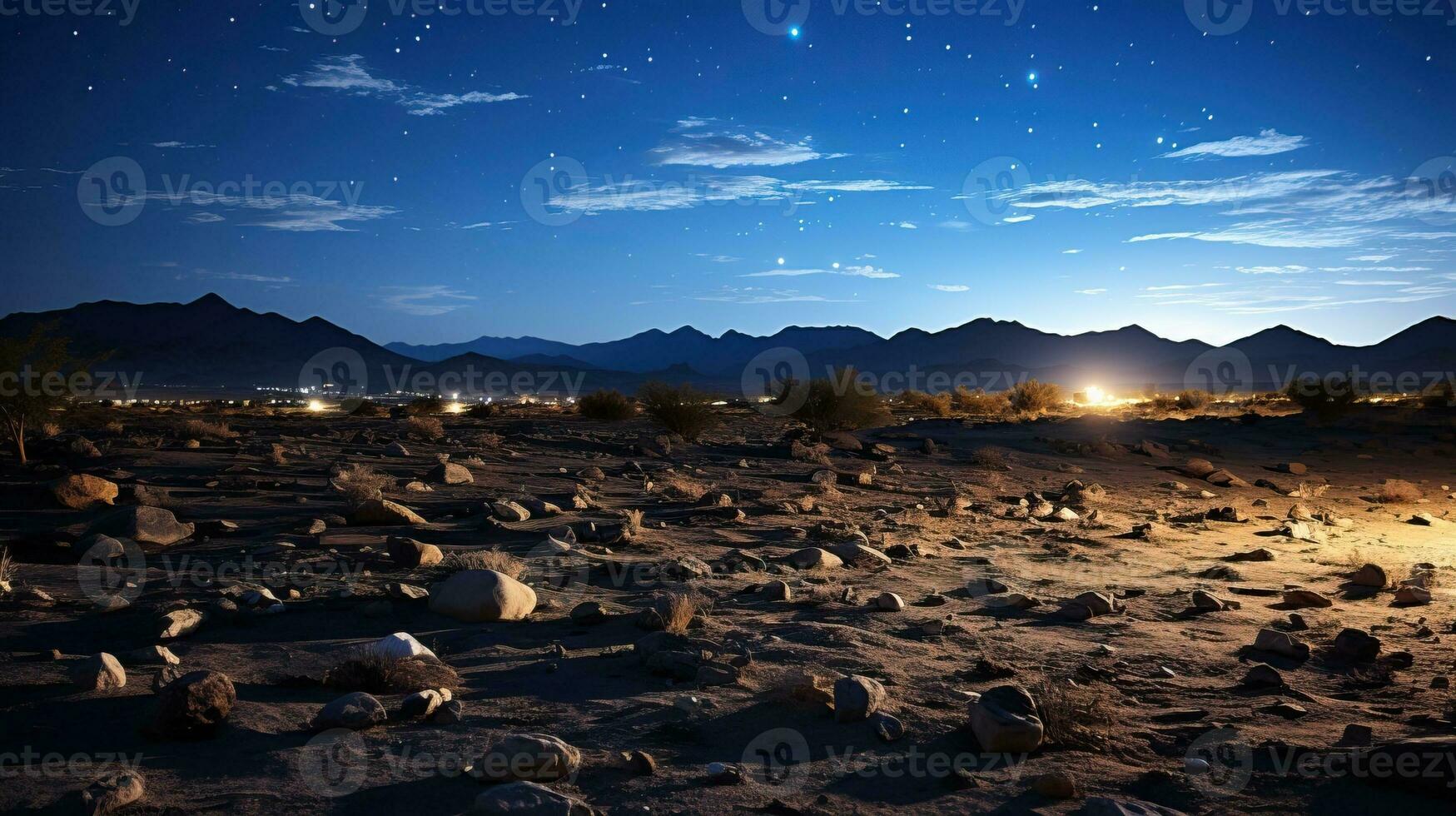 Desierto paisaje a noche con estrellado cielo. ai generado. foto