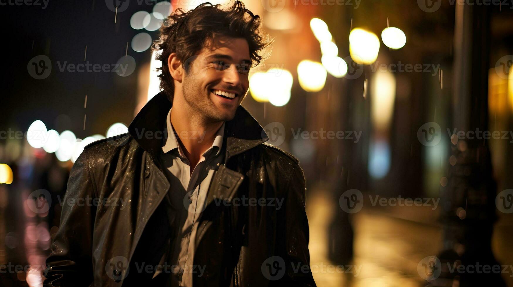Handsome young man on the street at night in the rain. AI Generated. photo