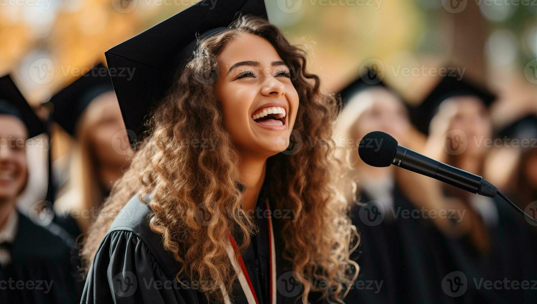 happy students in mortar boards and gowns singing at university graduation ceremony. AI Generated. photo