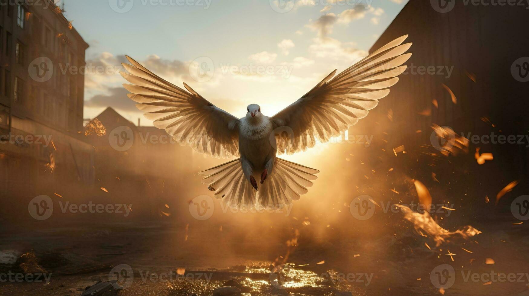 Pigeon flying in the air with a sunset in the background. Symbol of Peace. AI Generated. photo