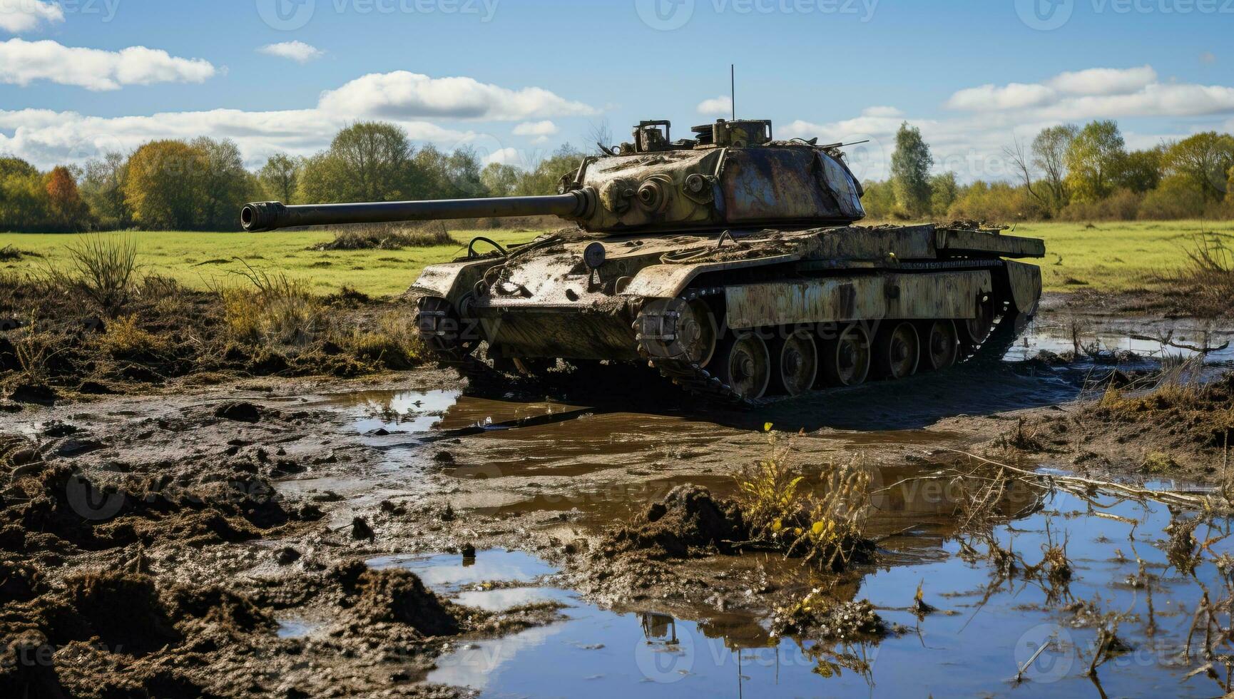 Old tank in a muddy field AI Generated photo