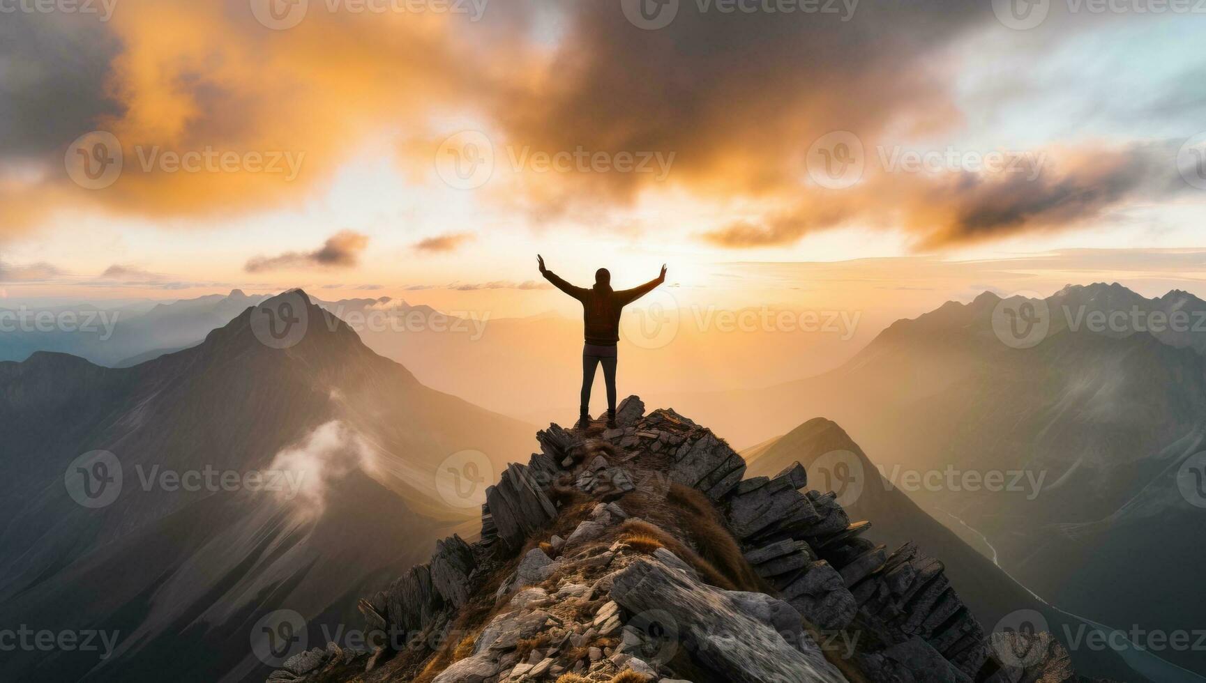 Man standing on top of a mountain and raising his hands up. AI Generated. photo