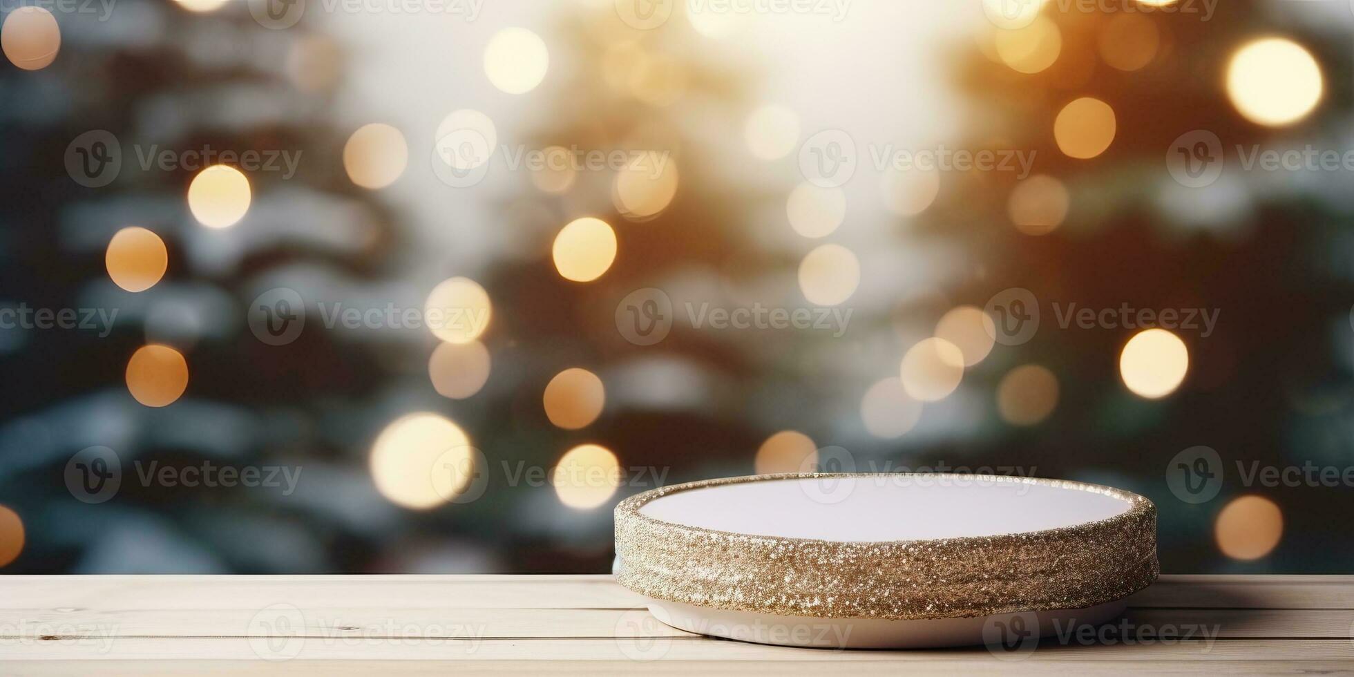 Empty podium on wooden table in front of bokeh lights. AI Generated. photo