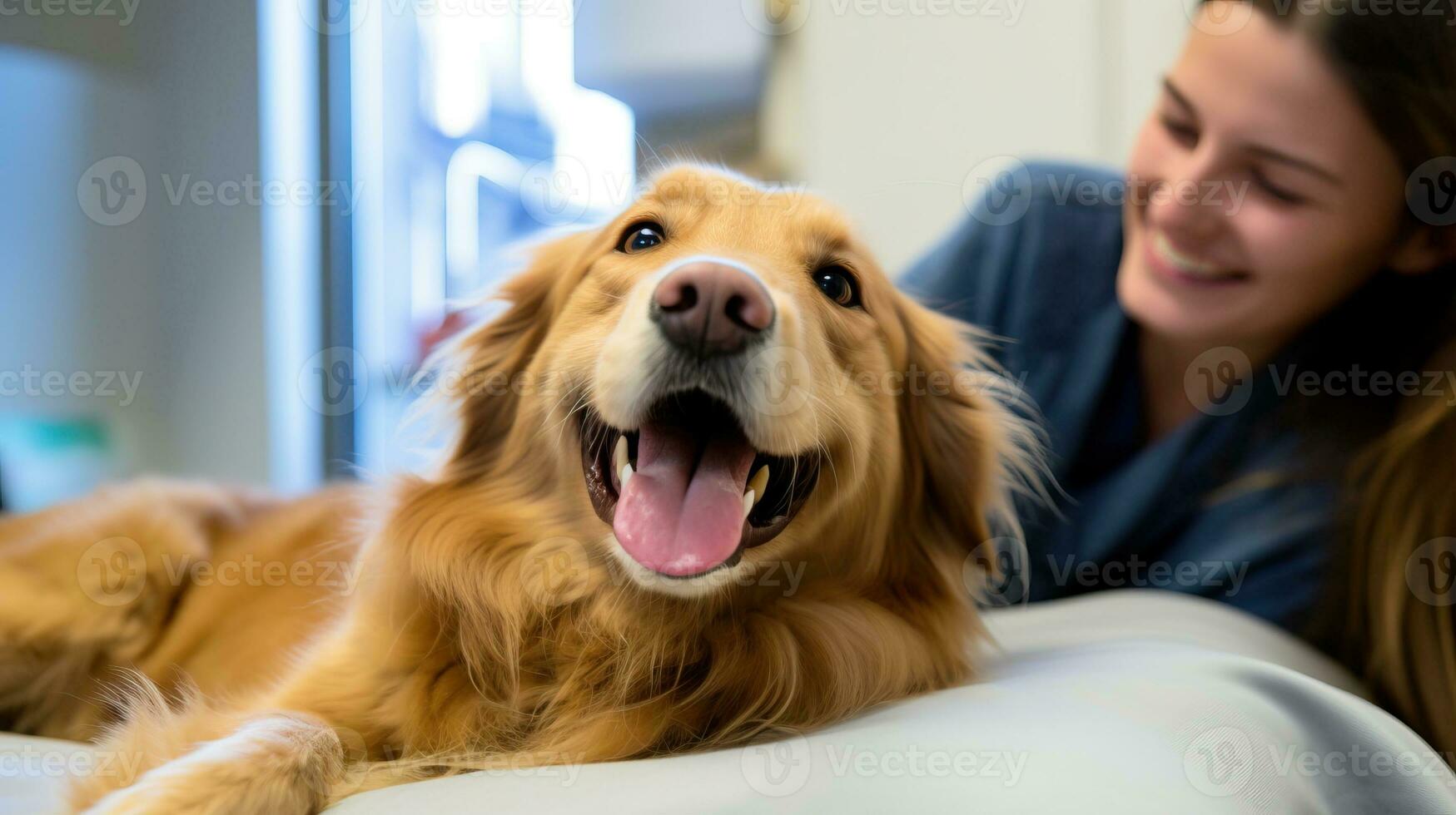 Close-up of a happy dog lying on the bed with its owner AI Generated photo