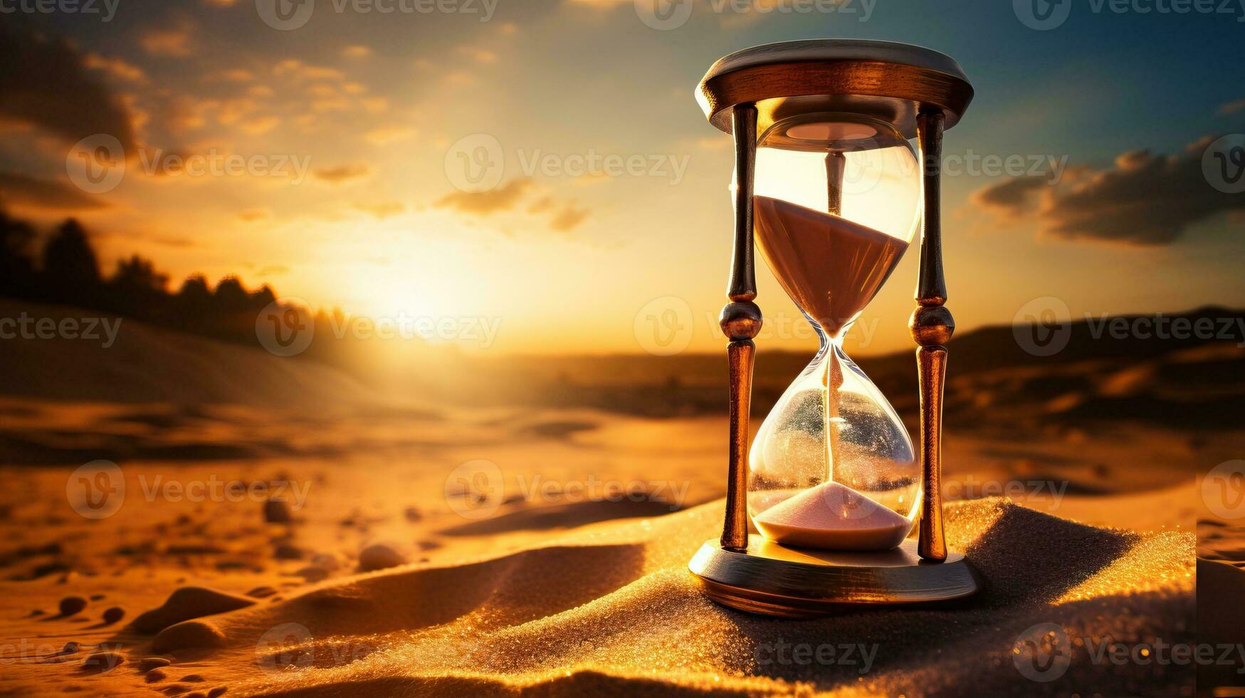 Hourglass on the sand in the desert at sunset. Time concept. AI Generated. photo