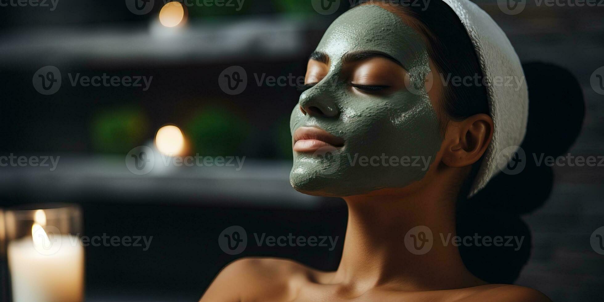 young woman with green facial mask in spa salon AI Generated photo