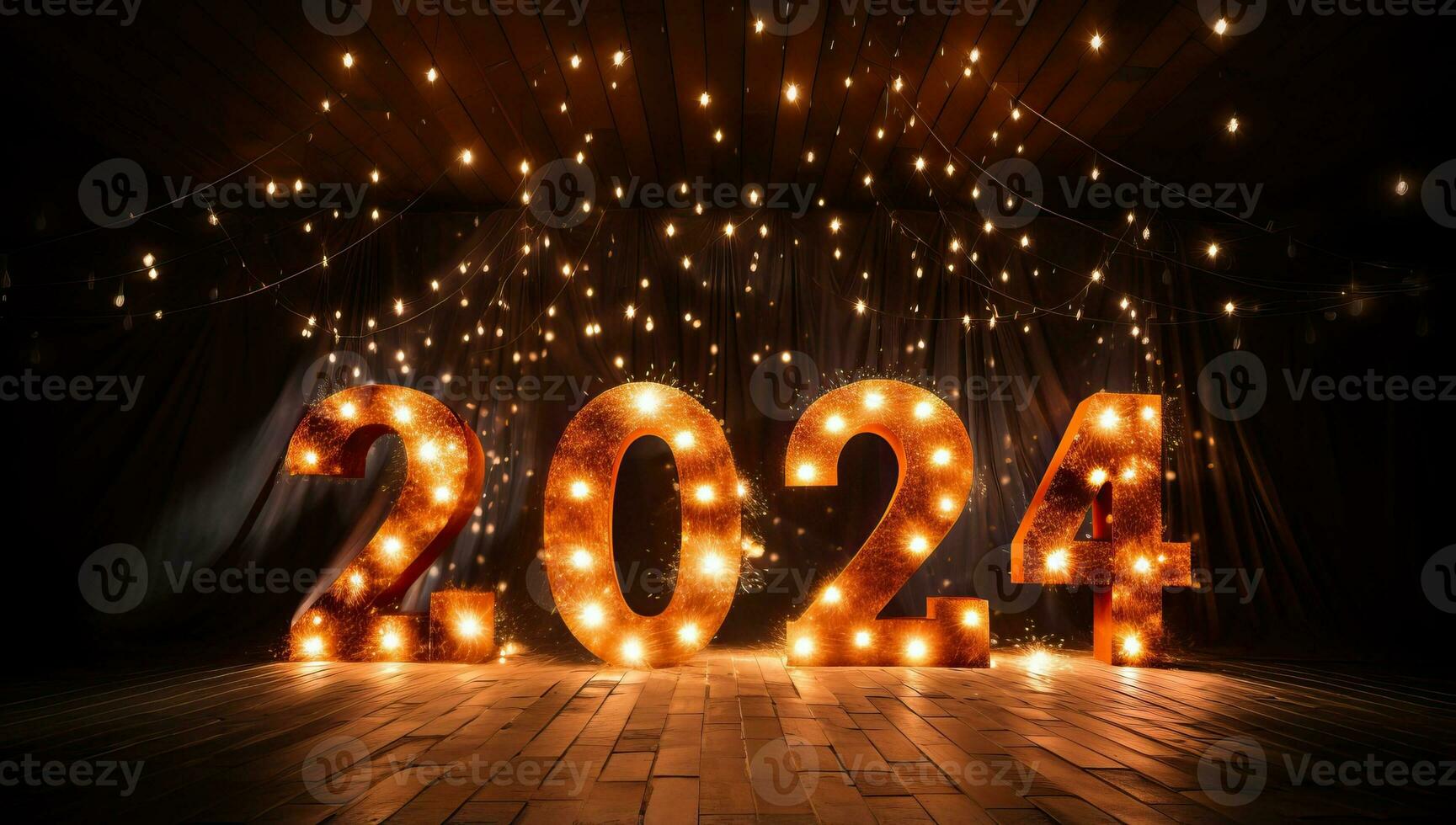 Happy New Year 2024 with light bulbs. AI Generated. photo