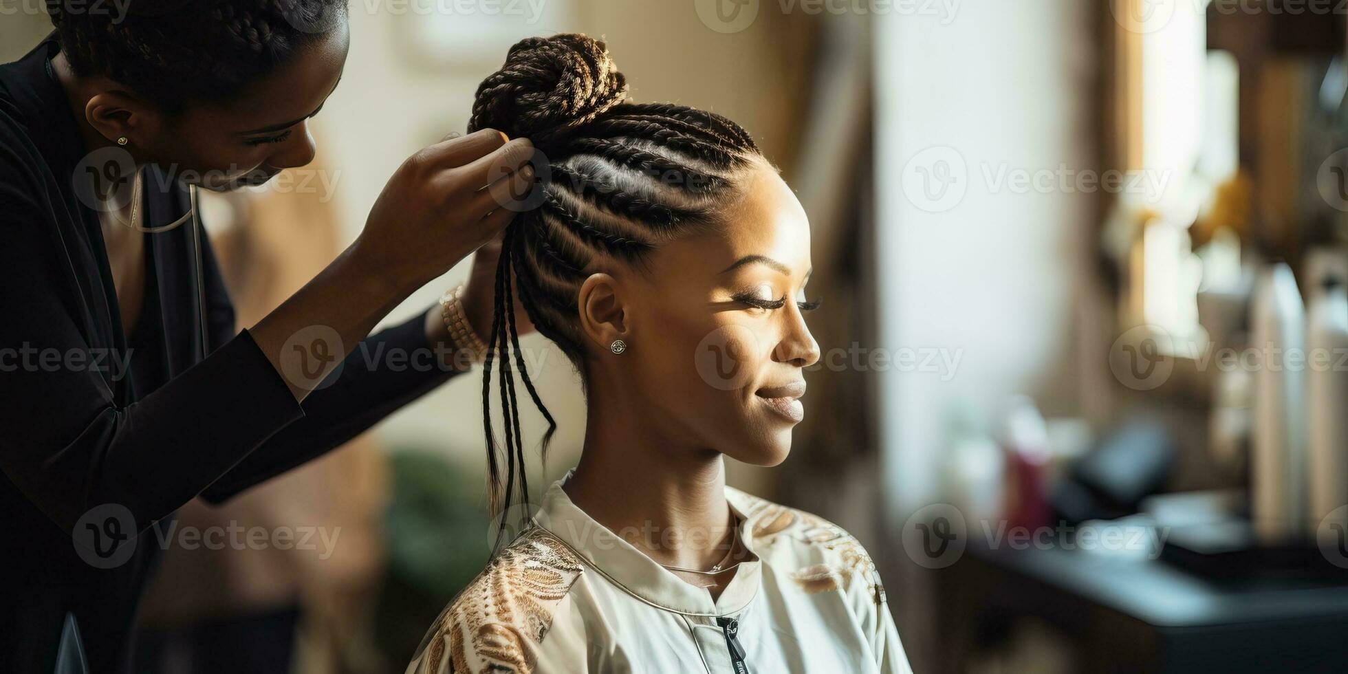Beautiful african american woman with dreadlocks in hairdressing salon. AI Generated. photo
