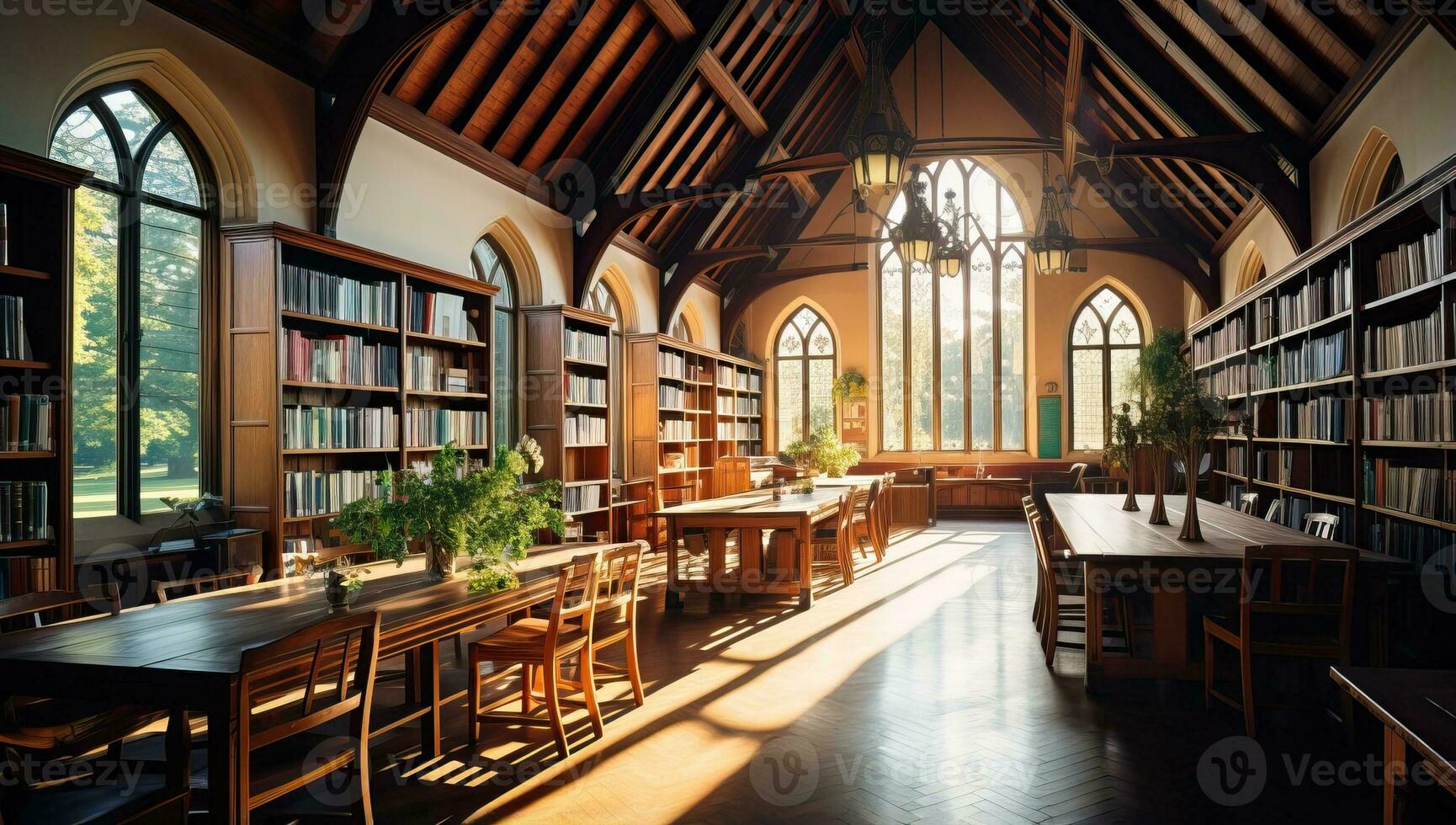 interior of the library with bookshelves and tables. AI Generated. photo