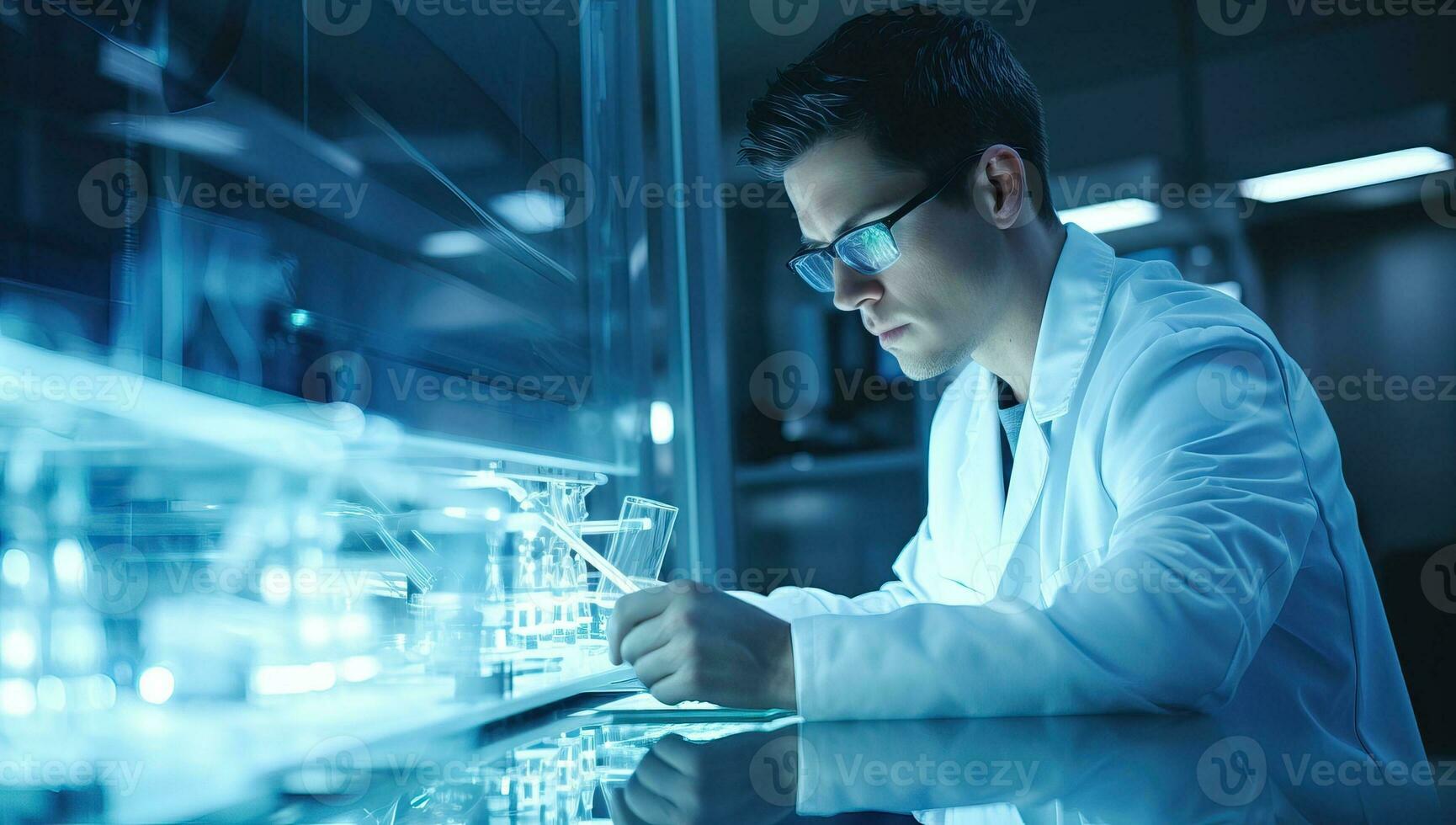 Young male scientist working in laboratory. AI Generated. photo