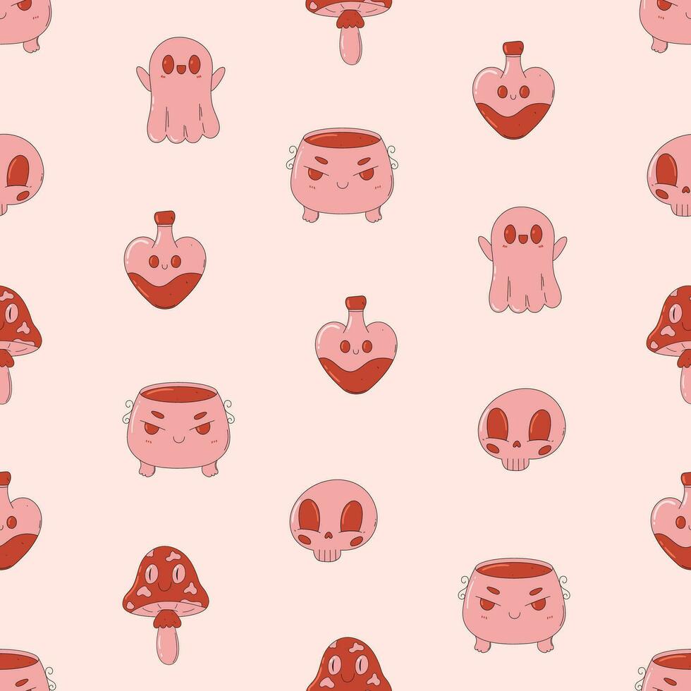 Cute and creepy seamless pattern. Trendy pink and red print. Retro cartoon style. Cauldron, skull, potion, mushroom, ghoost. Happy Halloween. vector