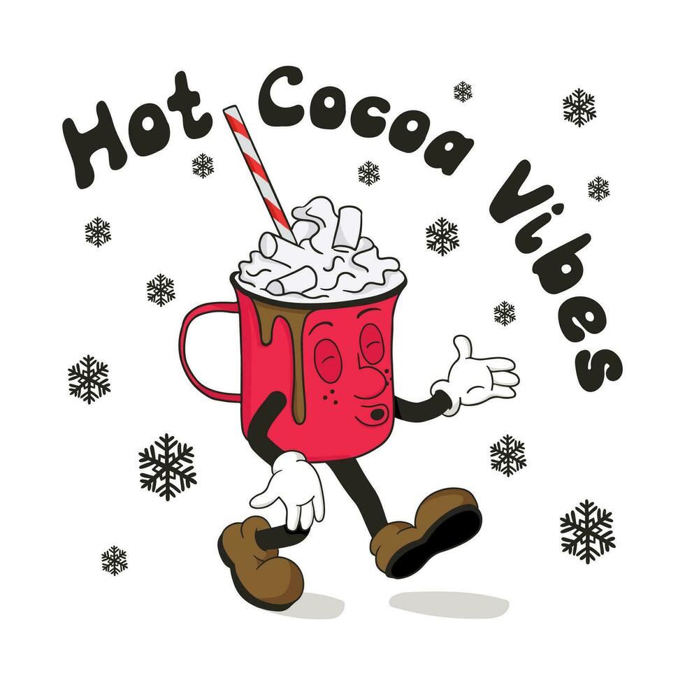 Typography composition with old cartoon Christmas hot chocolate mug. Cute vintage character and groovy slogan Hot Cocoa Vibes in flat hand drawn style. Design print for printout, shirt print, poster vector