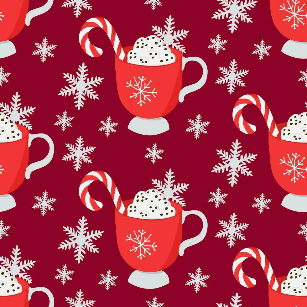 Christmas hot drink mug seamless pattern with candy stick, whipped cream and snowflakes. Cute childish design on red background. Good for decoration, wrapping paper, textile, wallpaper vector