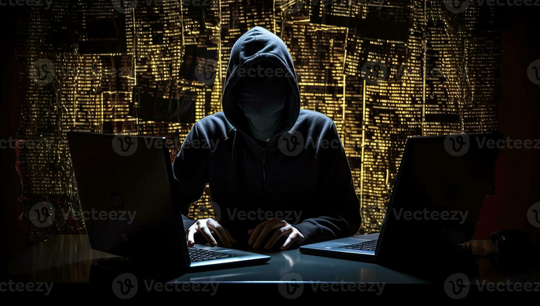 Hooded hacker stealing data from a laptop at night. Cybercrime concept. AI Generated. photo