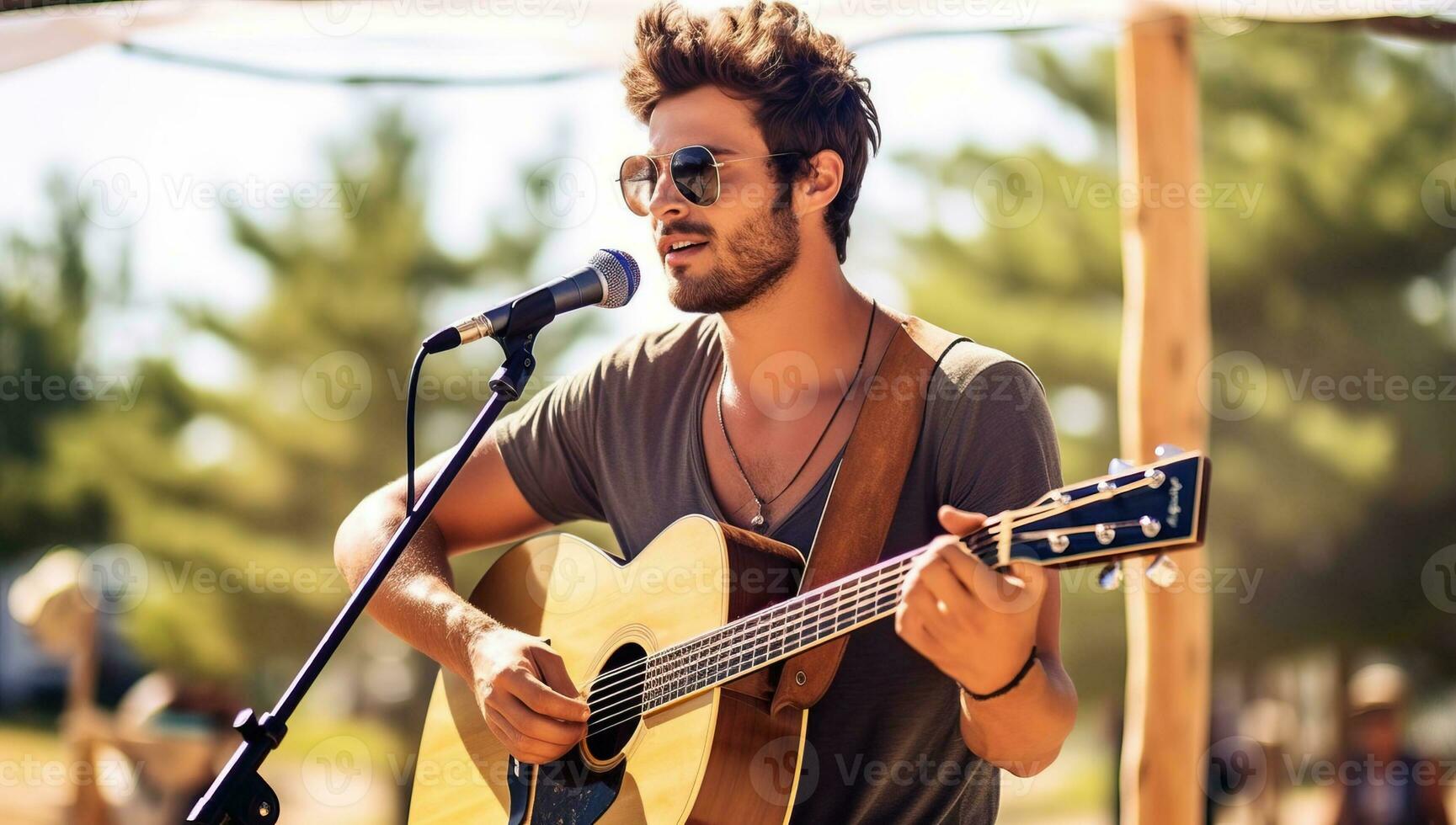 Handsome young man playing guitar on a sunny day in the park. AI Generated. photo